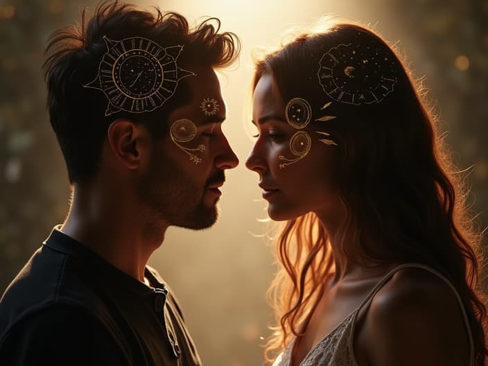 Two people communicating with astrological symbols, soft studio lighting, family dynamics