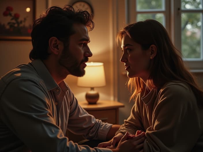 Two people engaged in a heartfelt conversation in a cozy studio setting