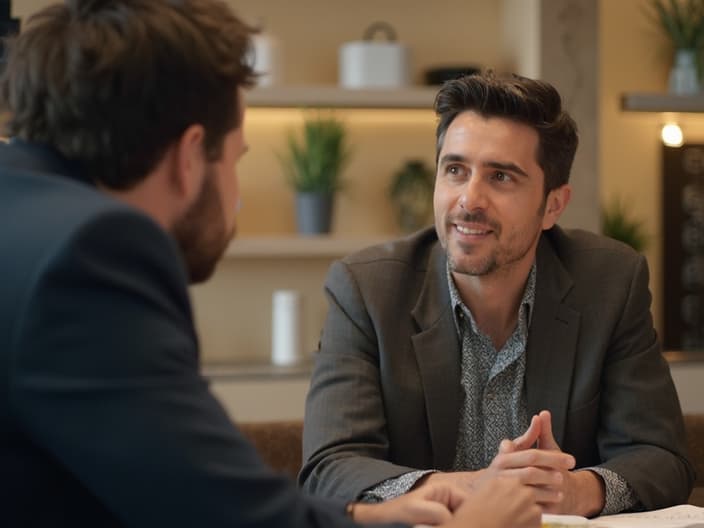 Two people engaged in conversation, one clearly listening attentively