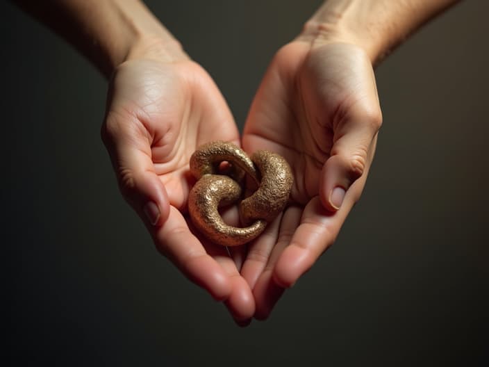 Two people holding hands with intertwined astrological symbols, soft studio lighting, relationship theme