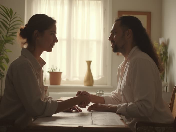 Two people shaking hands after resolving a disagreement, looking relieved