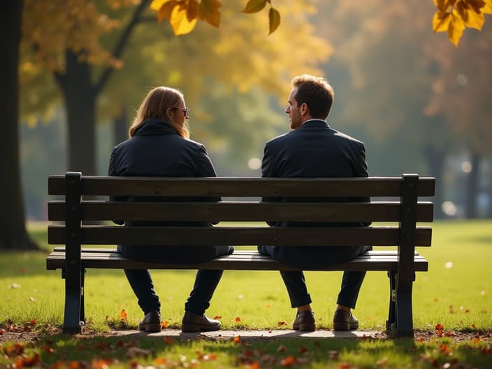 Two people sitting far apart on a park bench, looking away from each other