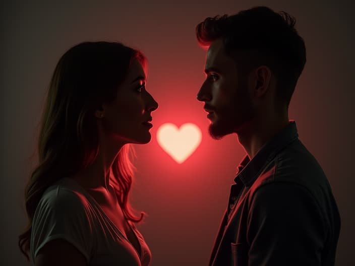 Two people talking with a heart between them, studio lighting