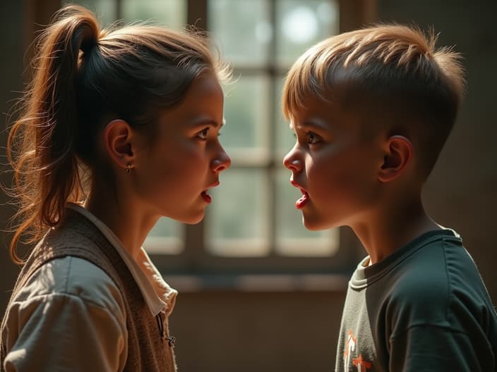 Two siblings arguing, with a third person mediating