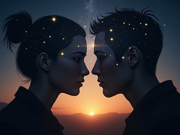 Two silhouettes connected by a bridge of stars, warm studio lighting, intimate setting