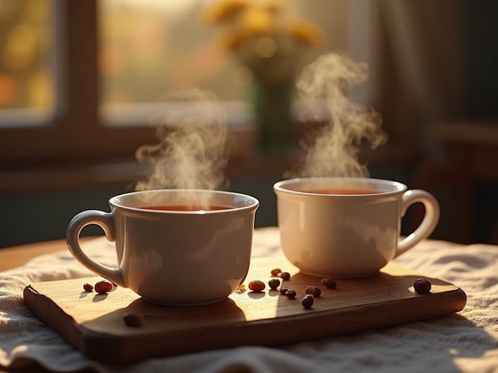 Two steaming mugs of tea on a cozy table, comforting atmosphere