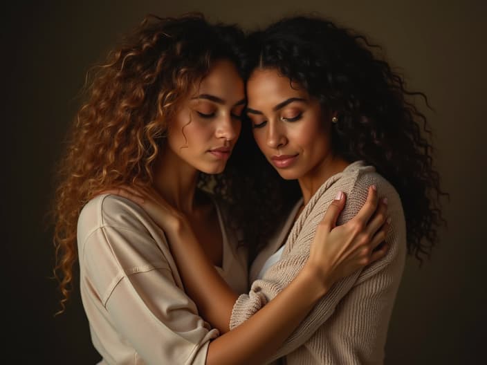 Two women embracing in a heartfelt moment, studio portrait with warm tones