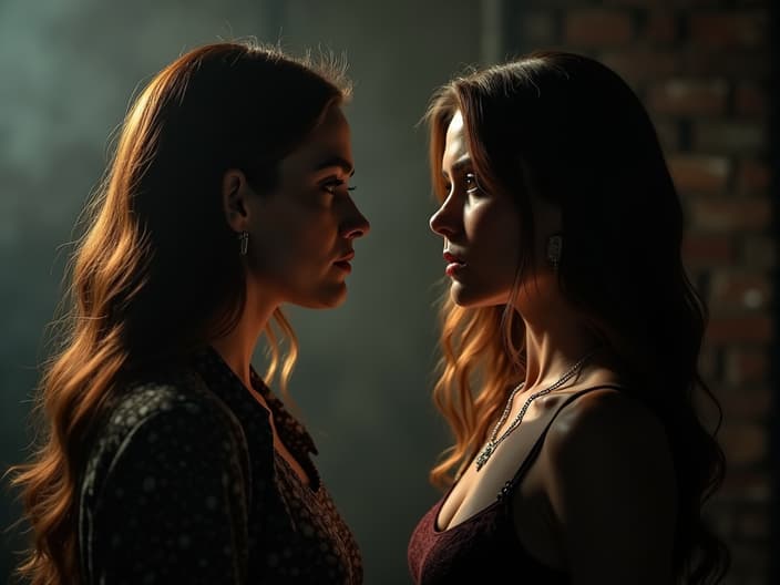 Two women in tense conversation, studio backdrop with dramatic lighting