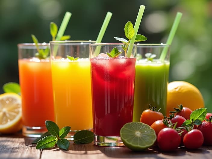 Variety of fresh juices for detox, juicing process shown