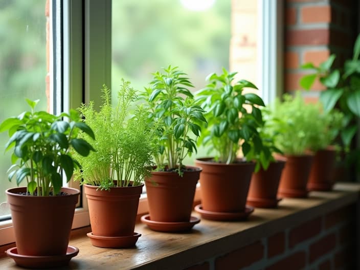 Variety of herbs growing in pots on a windowsill, indoor herb garden, studio lighting