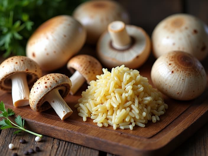 Variety of mushrooms suitable for risotto, ingredients laid out