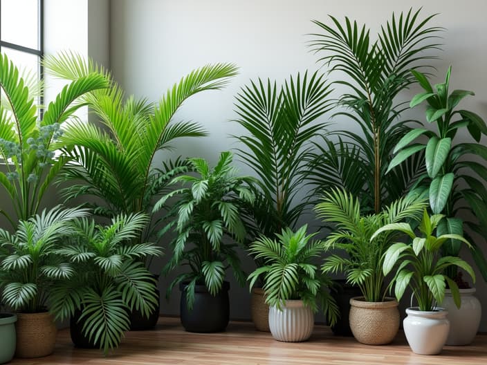 Variety of palm plants suitable for indoor environments, close-up shots, studio lighting