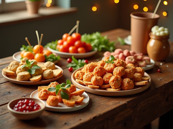 Variety of party snacks and appetizers on a festive table