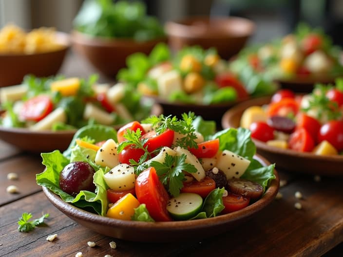 Variety of salad options for a party, including vegetarian and gluten-free options