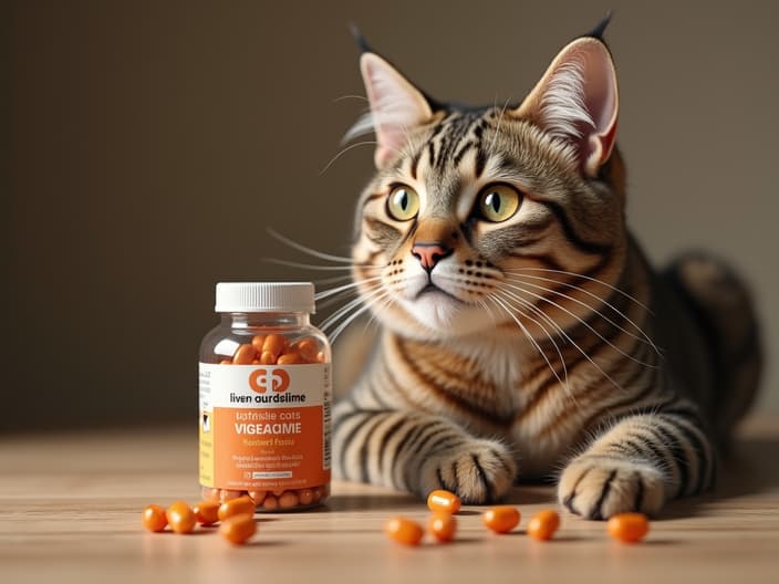 Various cat vitamin supplements next to a healthy-looking cat