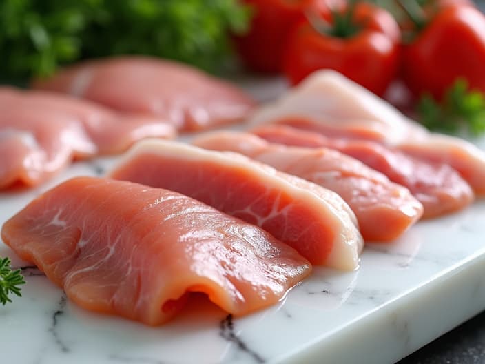 Various cuts of lean meats including chicken breast, turkey, and fish, displayed on a marble counter