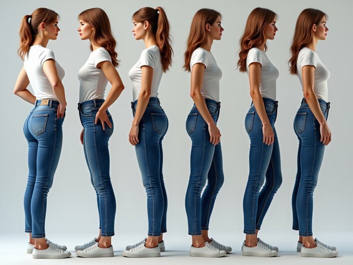 Various jean styles on different body types, fashion comparison