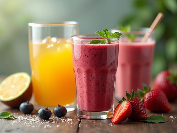 Various nutritious liquid meals and smoothies in glasses, with ingredients nearby