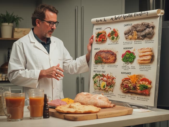 Various protein sources displayed, nutritionist explaining protein requirements