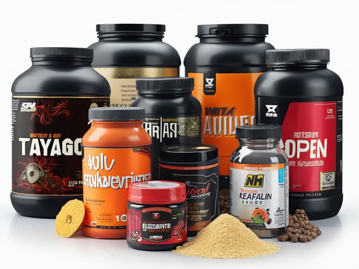 Various sports supplements arranged neatly, including protein powders and vitamins