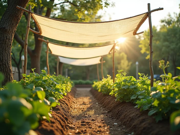 Various sun protection methods for vegetable gardens, shade cloth demonstration, garden setting with studio lighting