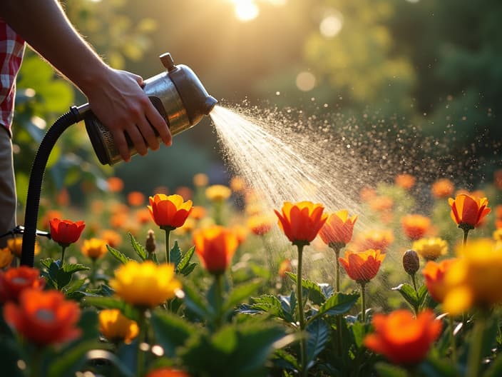 Various watering methods for flowers during hot weather, garden scene, studio lighting