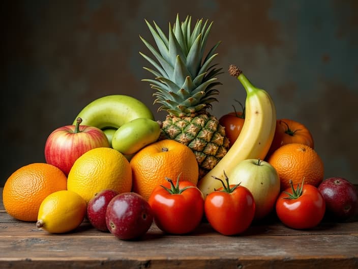 Various whole fruits arranged next to a scale, emphasizing portion control