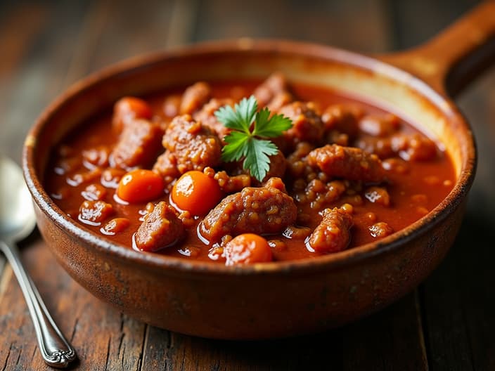 Vegetarian goulash with meat substitutes, rich and hearty appearance