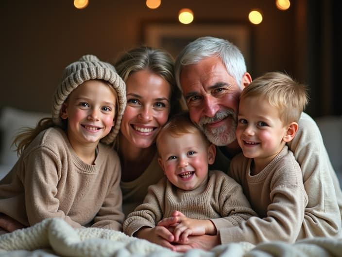 Warm studio family portrait with multiple generations smiling together, soft lighting