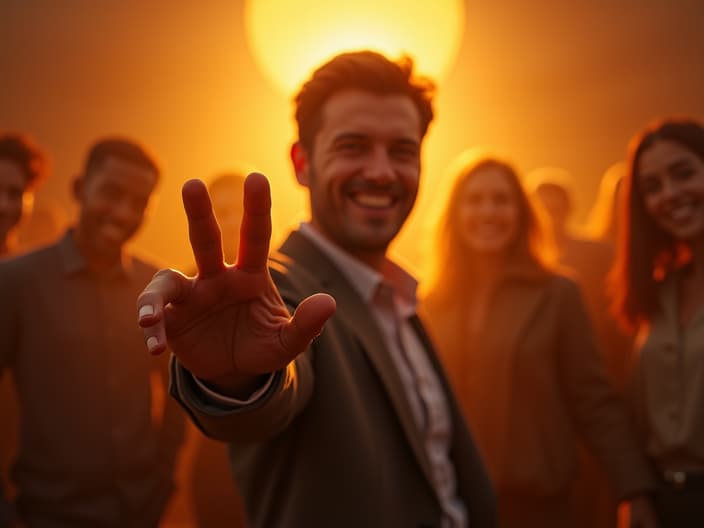 Warm studio portrait of a person confidently extending a hand in greeting, surrounded by friendly silhouettes