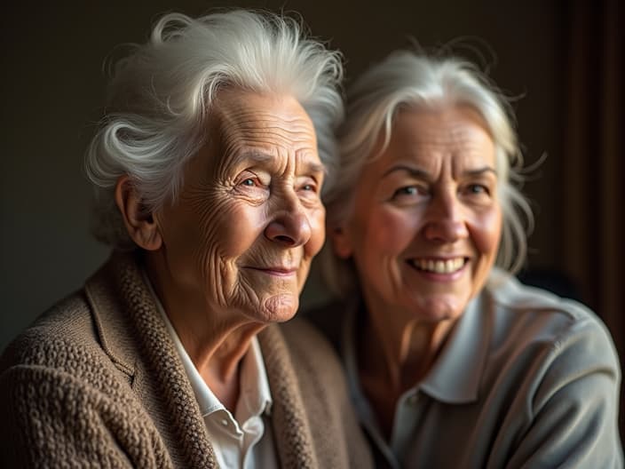 Warm studio portrait of an elderly person with a caregiver, gentle lighting