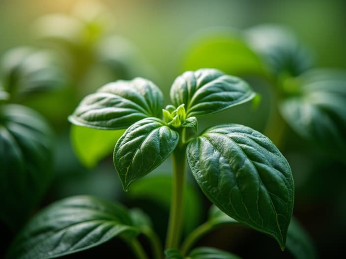 Watering basil plants with various solutions, close-up of leaves, studio lighting