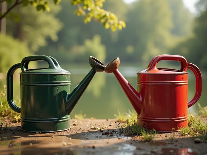 Watering cans comparison, ergonomics and capacity, outdoor setting with studio lighting