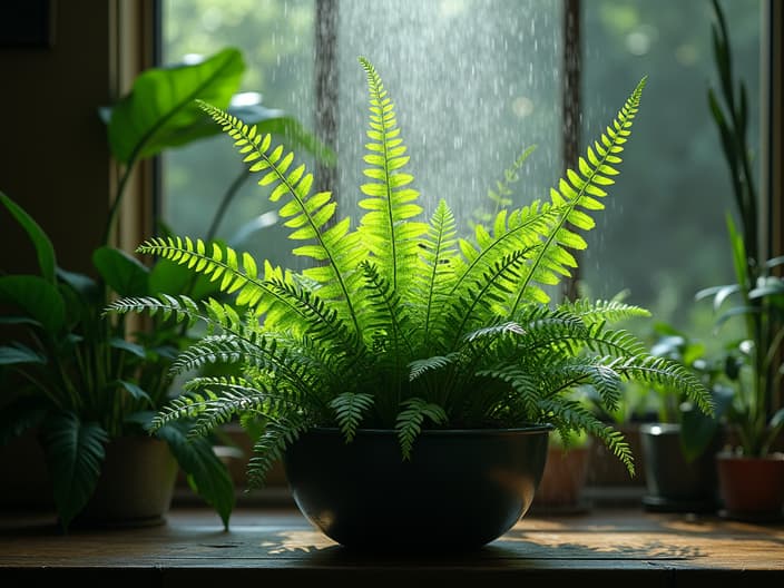 Watering fern plants, misting techniques, indoor setting with studio lighting