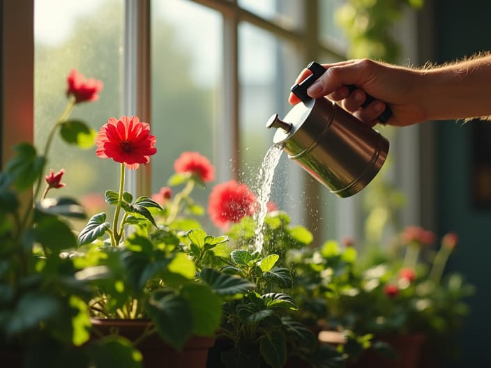 Watering pelargonium plants, indoor and outdoor care, close-up shots with studio lighting