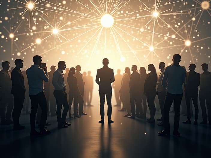 Web of interconnected human silhouettes, studio backdrop with soft lighting