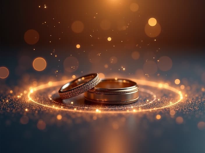 Wedding rings aligned with planets in orbit, glamorous studio lighting, romantic backdrop