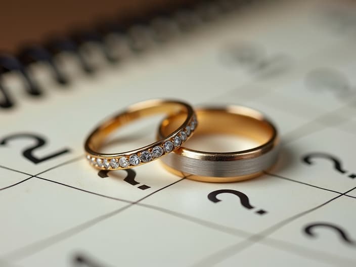 Wedding rings on a calendar with question marks, macro studio photography