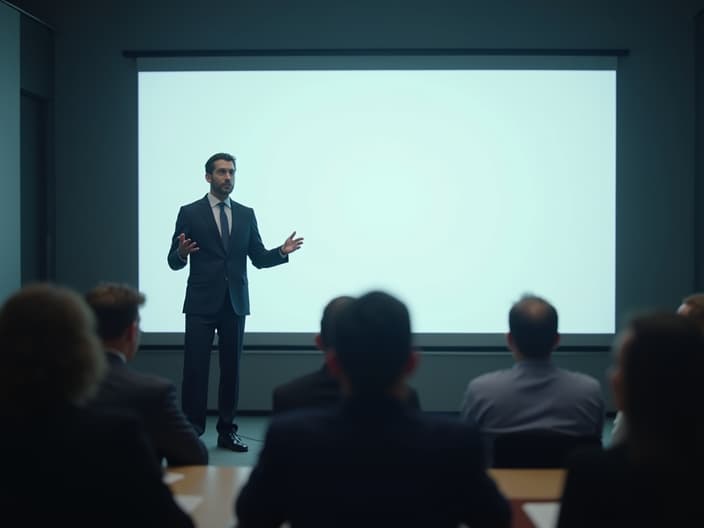 Wide studio shot of a professional-looking person confidently presenting in front of a large projection screen