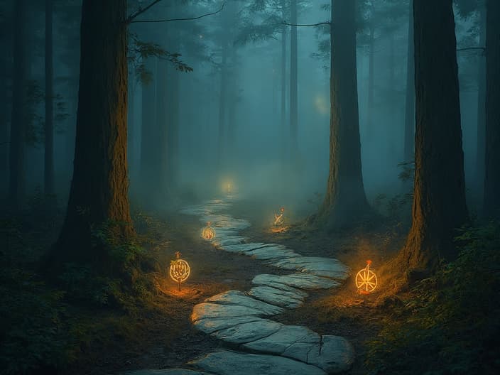 Winding path through a mystical forest with glowing symbols, studio setup