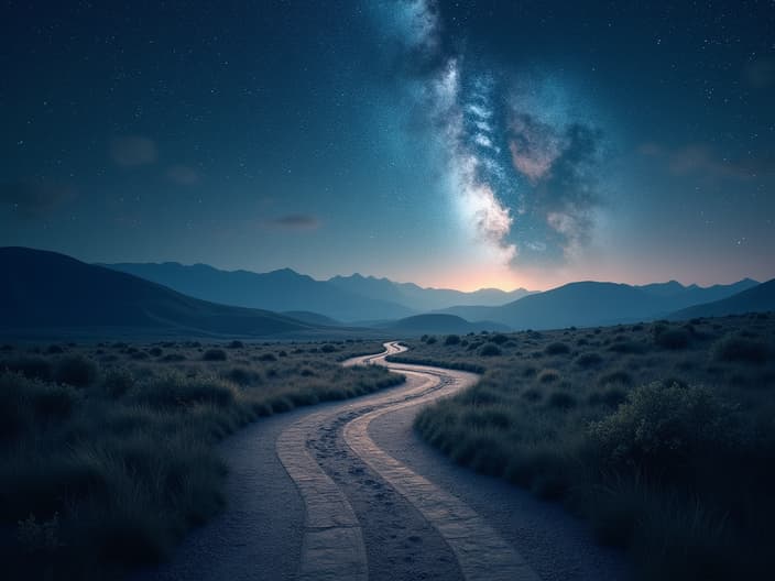 Winding path through a starry landscape, soft focus studio shot, spiritual path theme