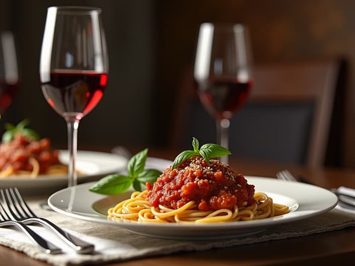 Wine pairing with spaghetti bolognese, elegant table setting