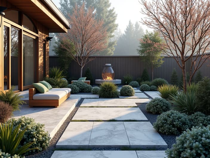 Winter garden design ideas, layout and plant selection, outdoor setting with studio lighting