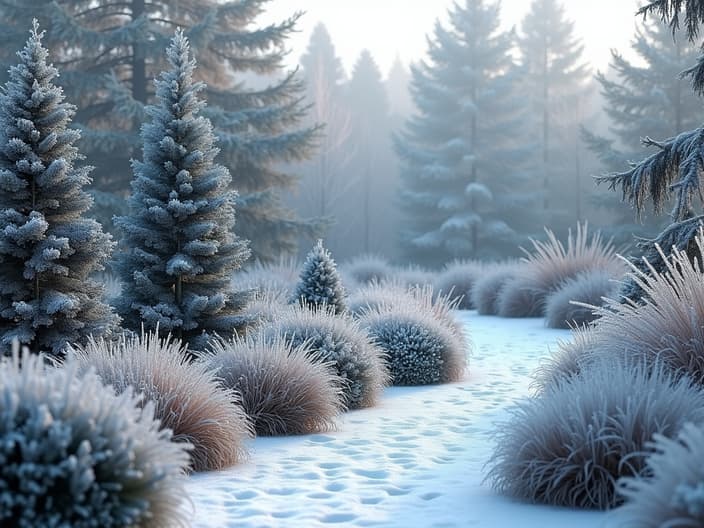 Winter garden with evergreens and ornamental grasses covered in frost, studio shot