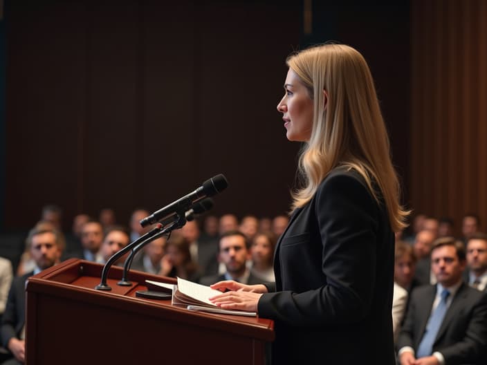 Woman afraid of public speaking, studio setting with podium and audience