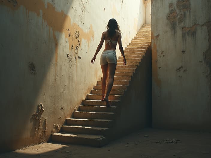 Woman climbing a symbolic ladder of success, creative studio composition