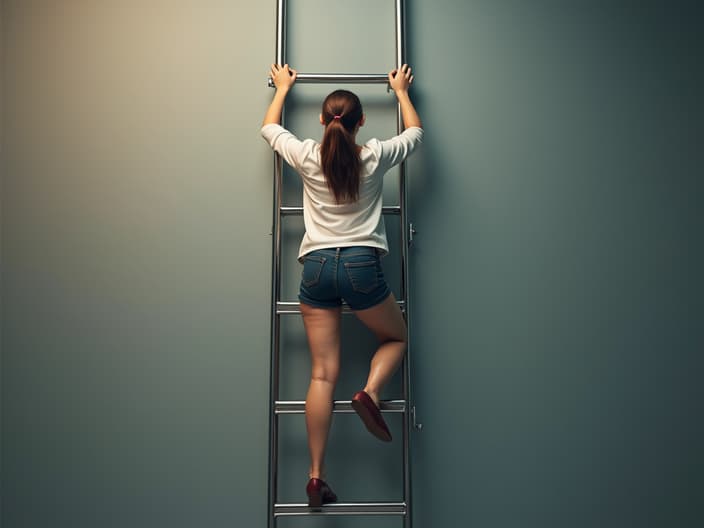 Woman climbing career ladder prop, professional studio backdrop