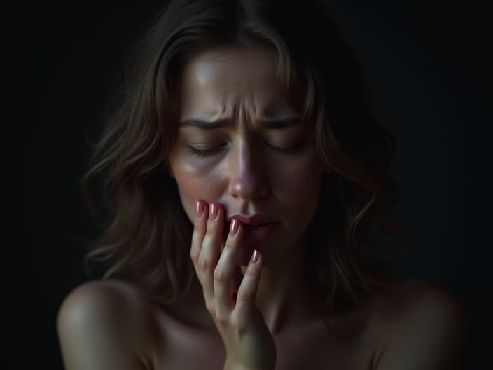 Woman crying for no reason, studio setting with emotional lighting