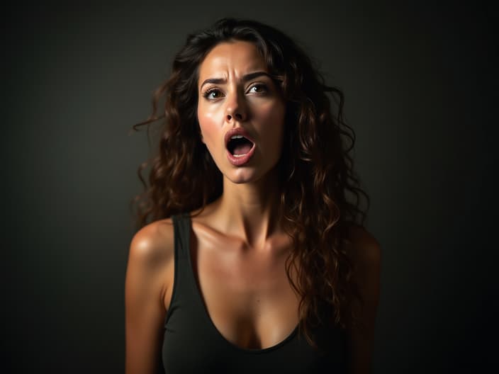 Woman expressing a range of emotions, dramatic studio lighting and backdrop