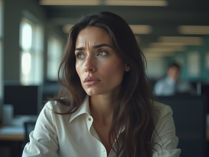 Woman feeling ignored at work, studio setting with office background